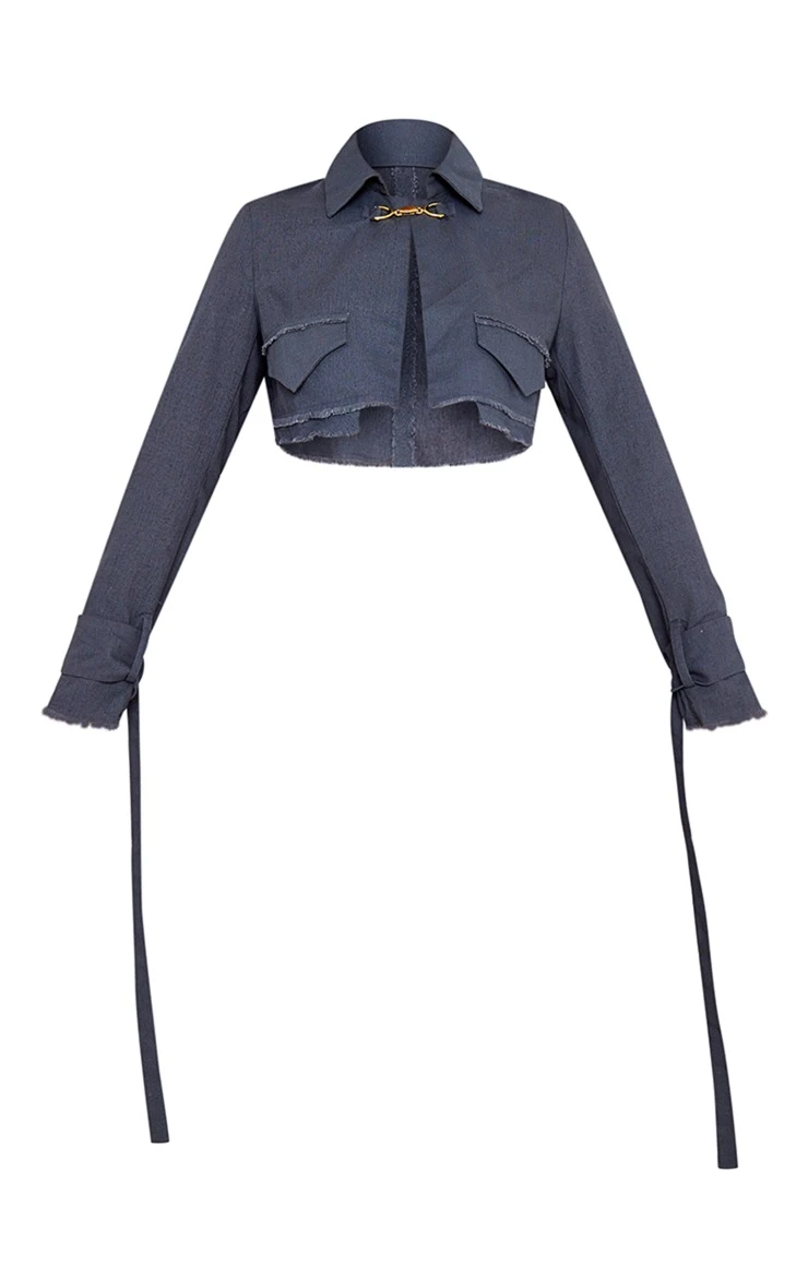 Charcoal Woven Raw Hem Buckle Trim Cropped Blazer 5 Charcoal Woven Raw Hem Buckle Trim Cropped Blazer - Image 5