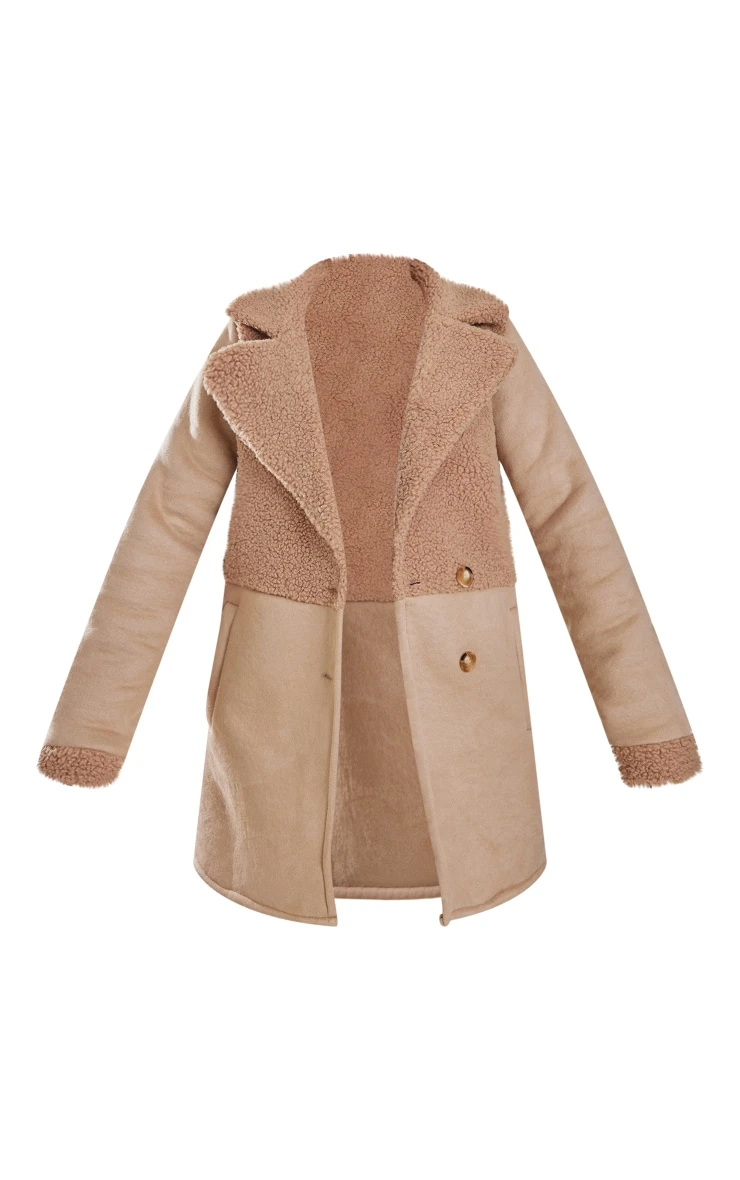 Beige Faux Suede Contrast Borg Coat 5 Beige Faux Suede Contrast Borg Coat - Image 5