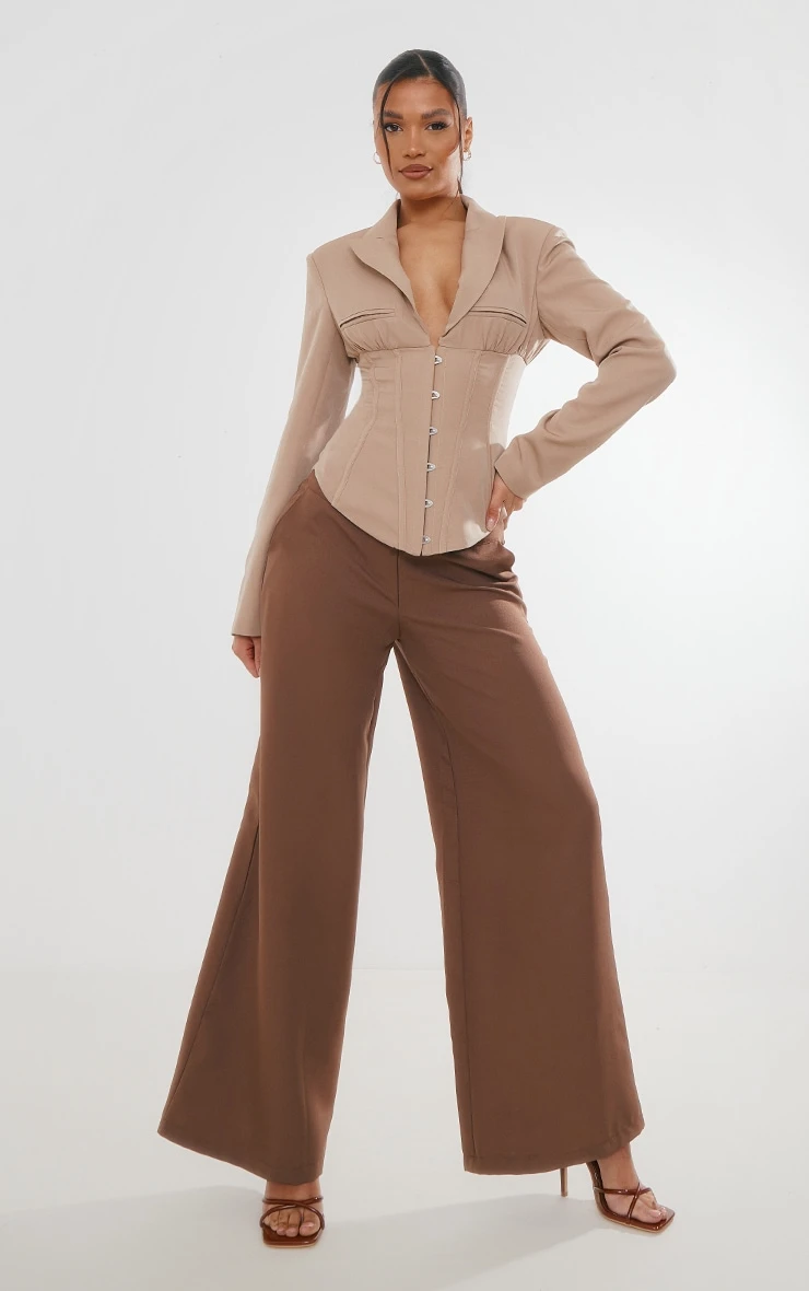 Taupe Corset Waist Shoulder Pad Blazer 3 Taupe Corset Waist Shoulder Pad Blazer - Image 3