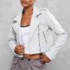 Light Grey Basic Faux Leather Biker Jacket