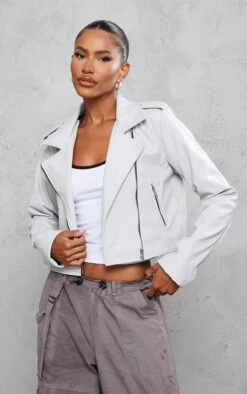 Light Grey Basic Faux Leather Biker Jacket