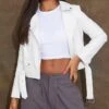 White Faux Leather Regular Fit Belted Biker Jacket