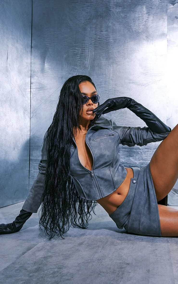 Charcoal Washed Faux Leather Zip Detail Micro Mini Skirt 5 Charcoal Washed Faux Leather Zip Detail Micro Mini Skirt - Image 5