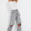 PRETTYLITTLETHING Washed Grey Open Knee Ripped Turn Up Boyfriend Jeans