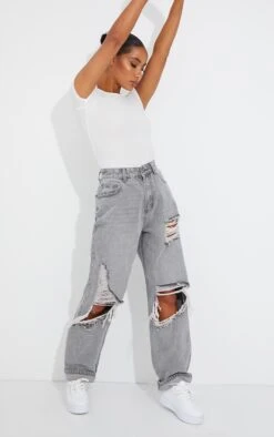 PRETTYLITTLETHING Washed Grey Open Knee Ripped Turn Up Boyfriend Jeans