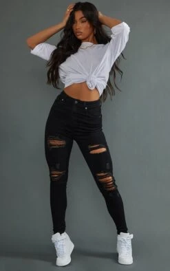 PRETTYLITTLETHING Black Ripped 5 Pocket Skinny Jeans