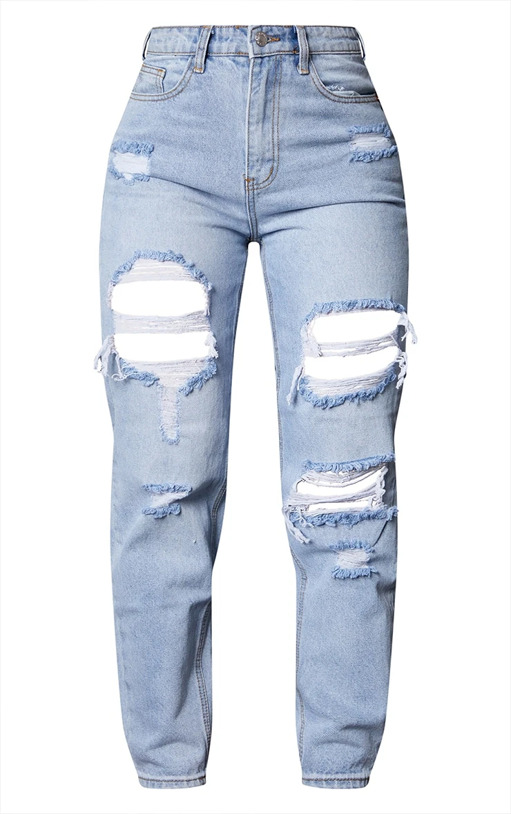 PRETTYLITTLETHING Light Wash Ripped Mom Jeans 6 PRETTYLITTLETHING Light Wash Ripped Mom Jeans - Image 6
