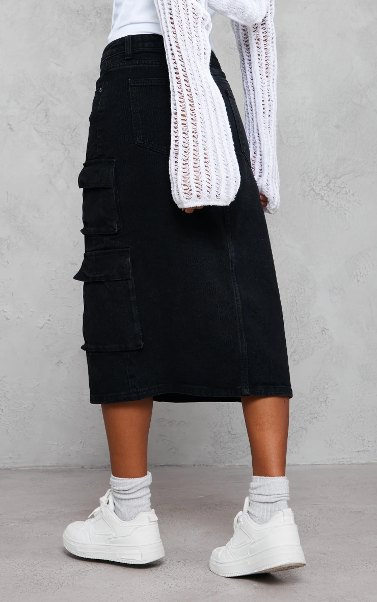 Washed Black Cargo Pocket Front Split Denim Midi Skirt 3 Washed Black Cargo Pocket Front Split Denim Midi Skirt - Image 3