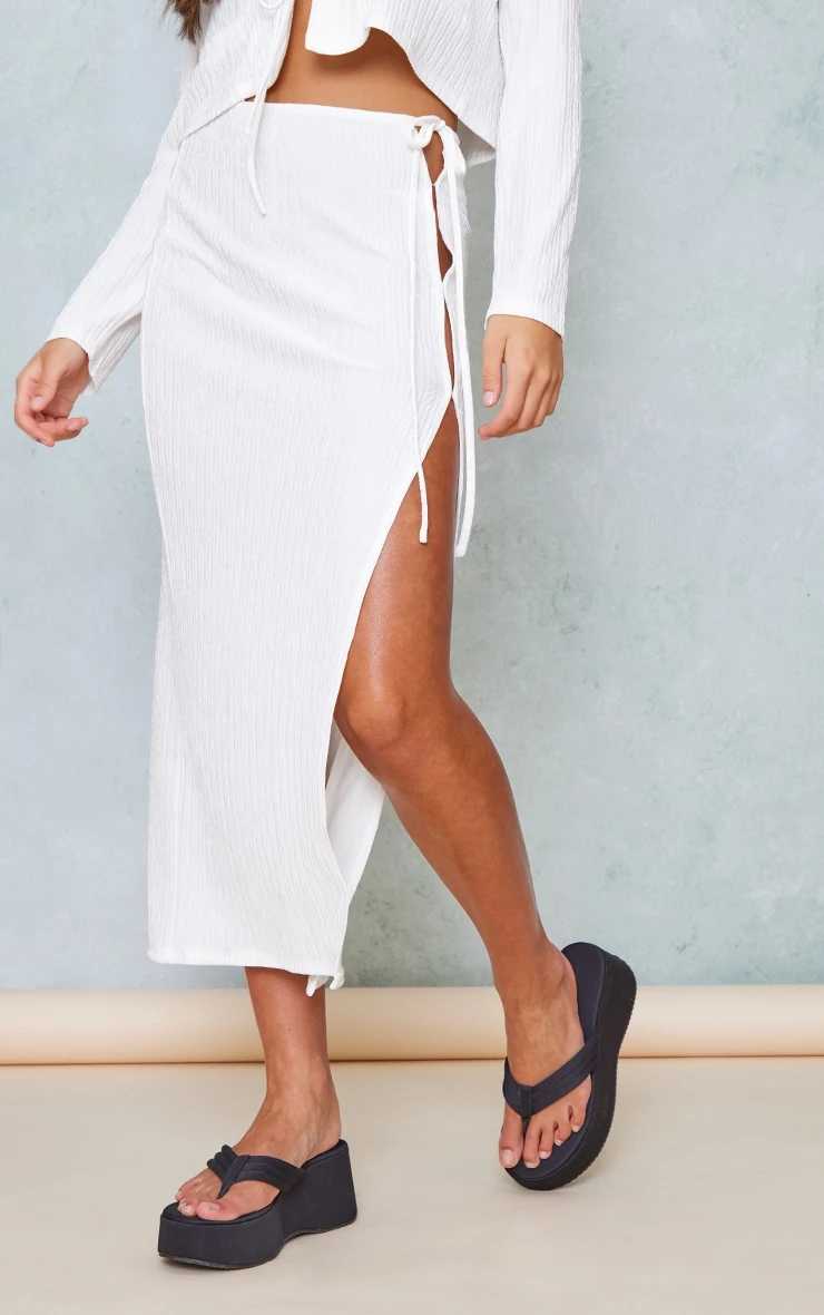 White Textured Tie Side Midi Skirt 2 White Textured Tie Side Midi Skirt - Image 2
