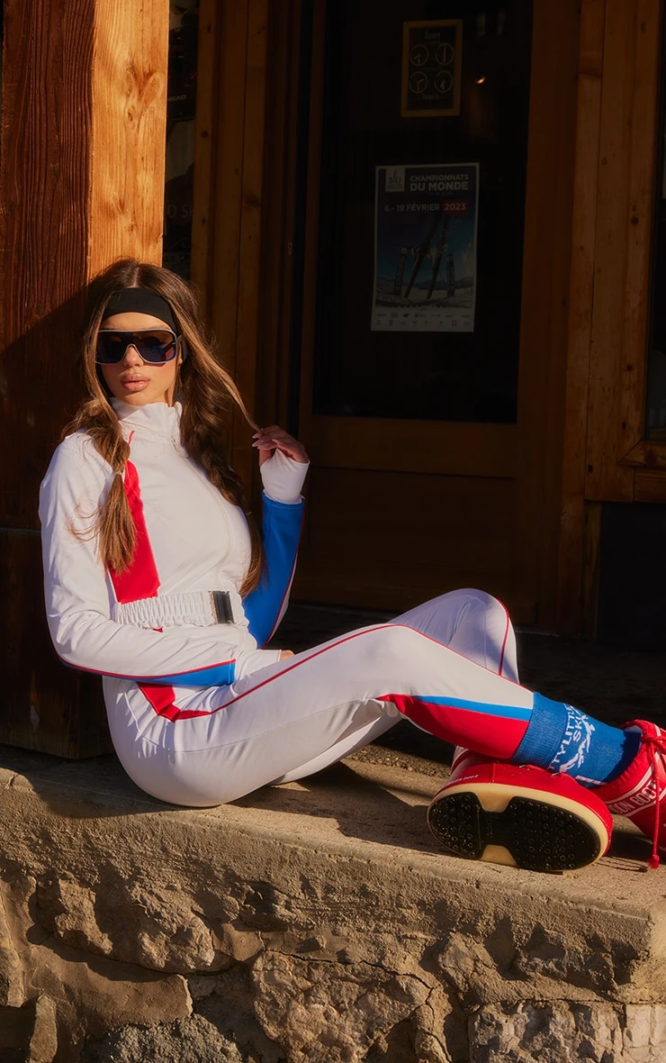 PRETTYLITTLETHING SKI Red And White Belted Fitted Scuba Suit 2 PRETTYLITTLETHING SKI Red And White Belted Fitted Scuba Suit - Image 2