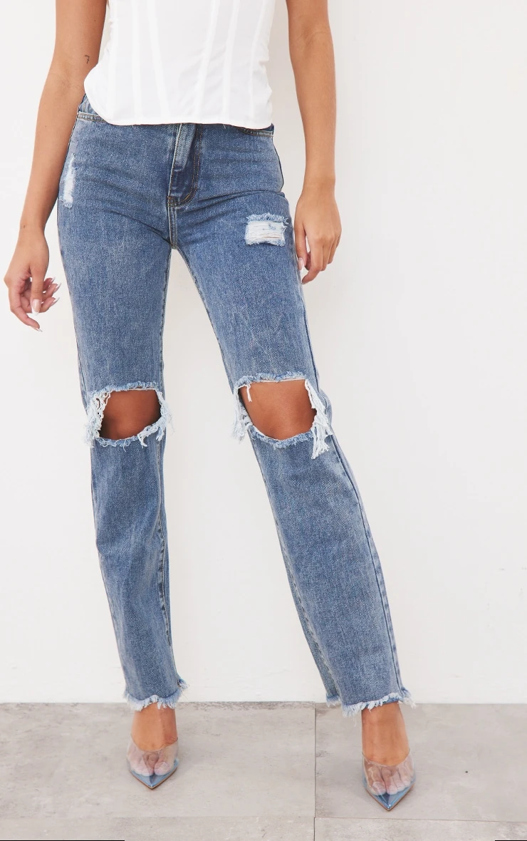 Vintage Wash High Rise Ripped Straight Leg Jeans 3 Vintage Wash High Rise Ripped Straight Leg Jeans - Image 3