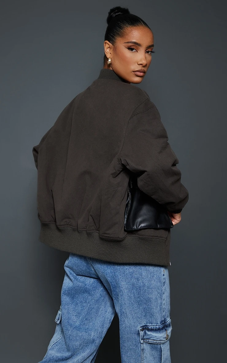 Khaki Contrast Faux Leather Pocket Oversized Bomber Jacket 2 Khaki Contrast Faux Leather Pocket Oversized Bomber Jacket - Image 2