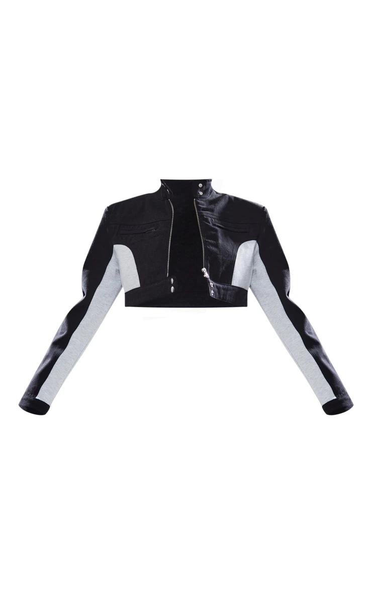 Black Contrast Panel Detail Cropped Denim Jacket 5 Black Contrast Panel Detail Cropped Denim Jacket - Image 5