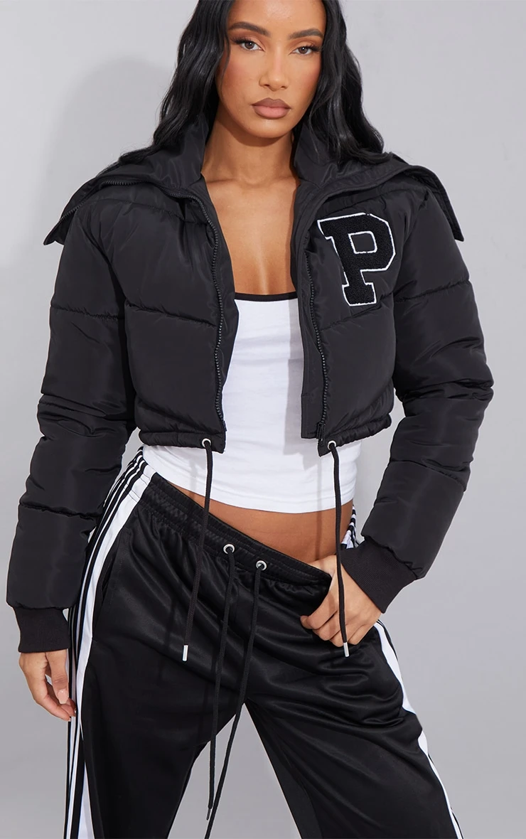 Black Oversized Collar Slogan Front Puffer Jacket 4 Black Oversized Collar Slogan Front Puffer Jacket - Image 4
