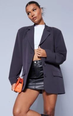 Grey Longline Oversized Curved Hem Blazer