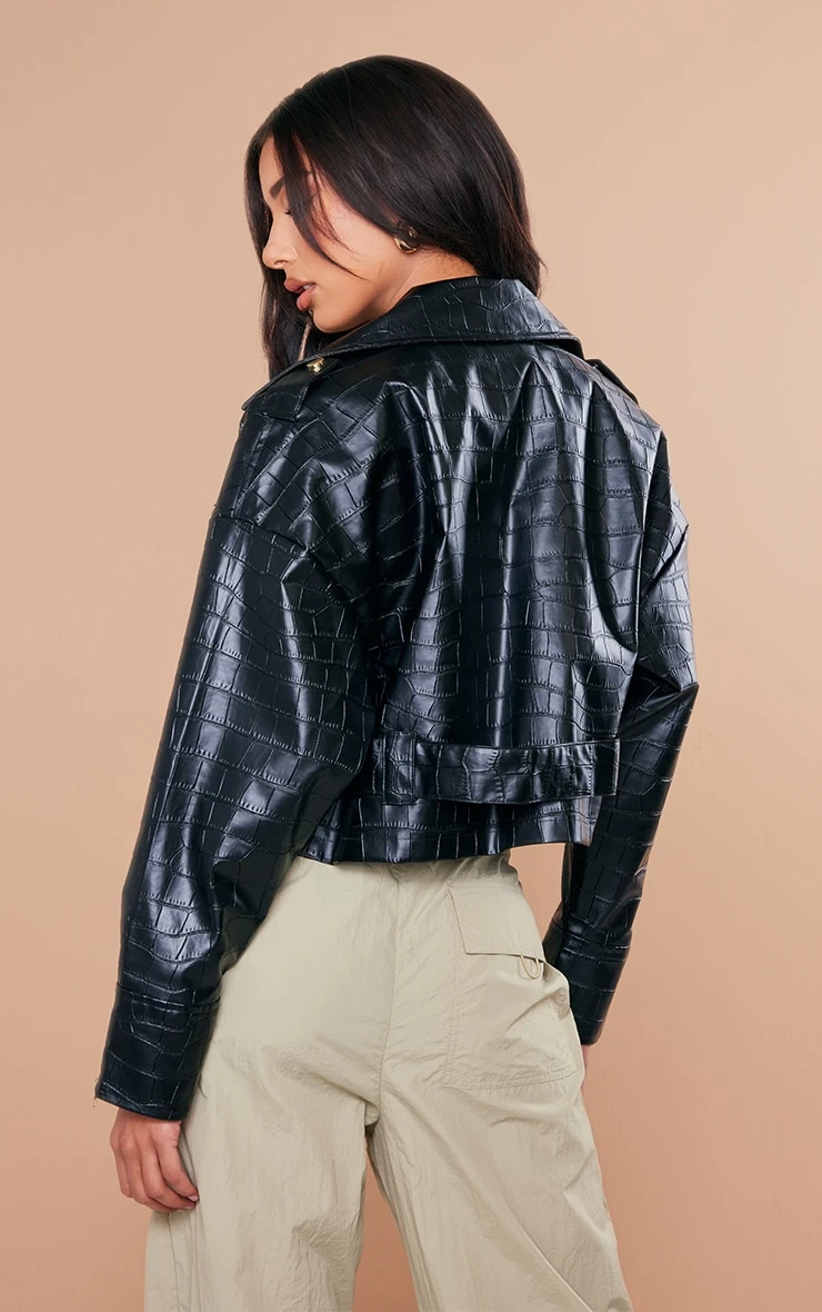 Black Croc Faux Leather Oversized Biker Jacket 2 Black Croc Faux Leather Oversized Biker Jacket - Image 2