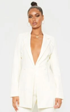 Cream Double Breasted Woven Blazer
