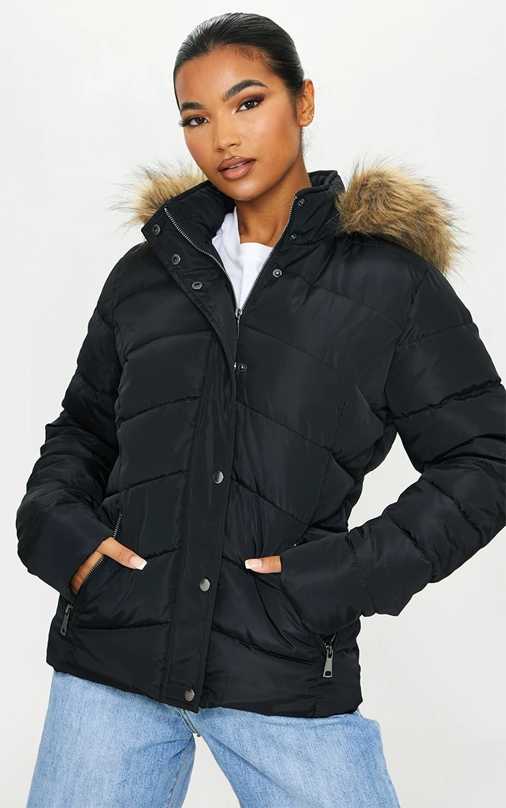 Black Quilted Mara Faux Fur Hooded Puffer Jacket 1 Black Quilted Mara Faux Fur Hooded Puffer Jacket