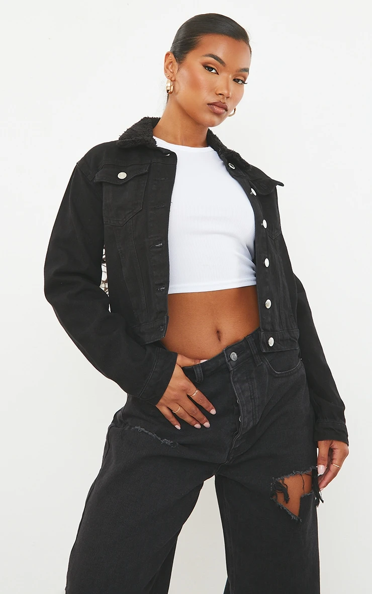Black Cropped Borg Collar Denim Jacket 1 Black Cropped Borg Collar Denim Jacket