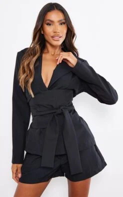 Black Woven Structured Belt Tie Blazer