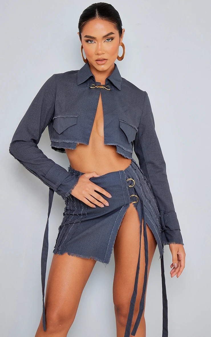 Charcoal Woven Raw Hem Buckle Trim Cropped Blazer 1 Charcoal Woven Raw Hem Buckle Trim Cropped Blazer