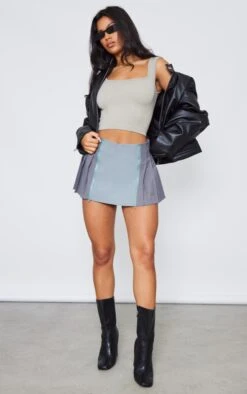 Grey Woven Zip Panel Pleated Micro Mini Skirt