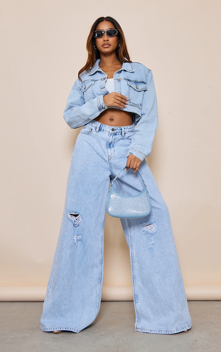 Vintage Light Wash Drop Shoulder Cropped Denim Jacket 3 Vintage Light Wash Drop Shoulder Cropped Denim Jacket - Image 3