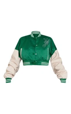 Green Stripe Trim Contrast Sleeve Satin Cropped Varsity Bomber Jacket -Modern Wear Boutique c4146434b26783054913cebb109127e6bf230b35 cmv4990 5