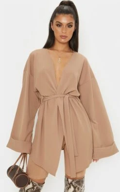 Camel Belted Oversized Sleeve Blazer