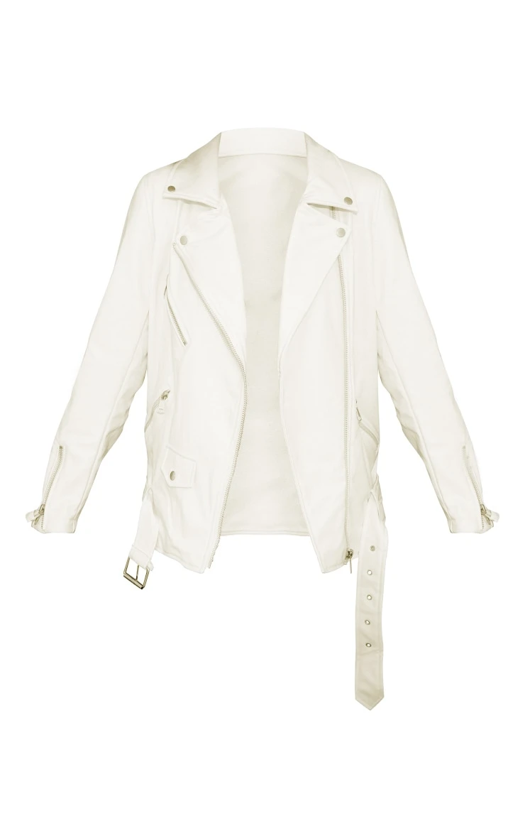 Off White Faux Leather Longline Belted Biker Jacket 5 Off White Faux Leather Longline Belted Biker Jacket - Image 5