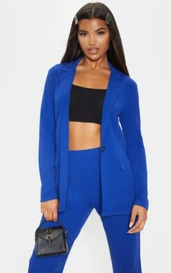 Blue Fitted Button Detail Crepe Blazer