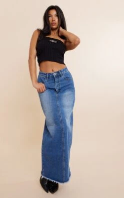 Mid Blue Wash Raw Hem Denim Maxi Skirt