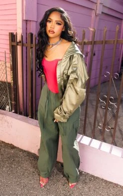 Sage Green Satin Oversized Hooded Pocket Bomber Jacket
