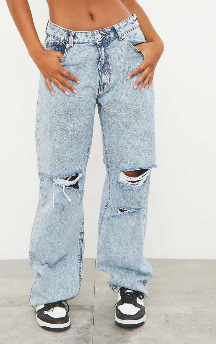 Light Blue Acid Wash Baggy Ripped Low Rise Boyfriend Jeans 2 Light Blue Acid Wash Baggy Ripped Low Rise Boyfriend Jeans - Image 2