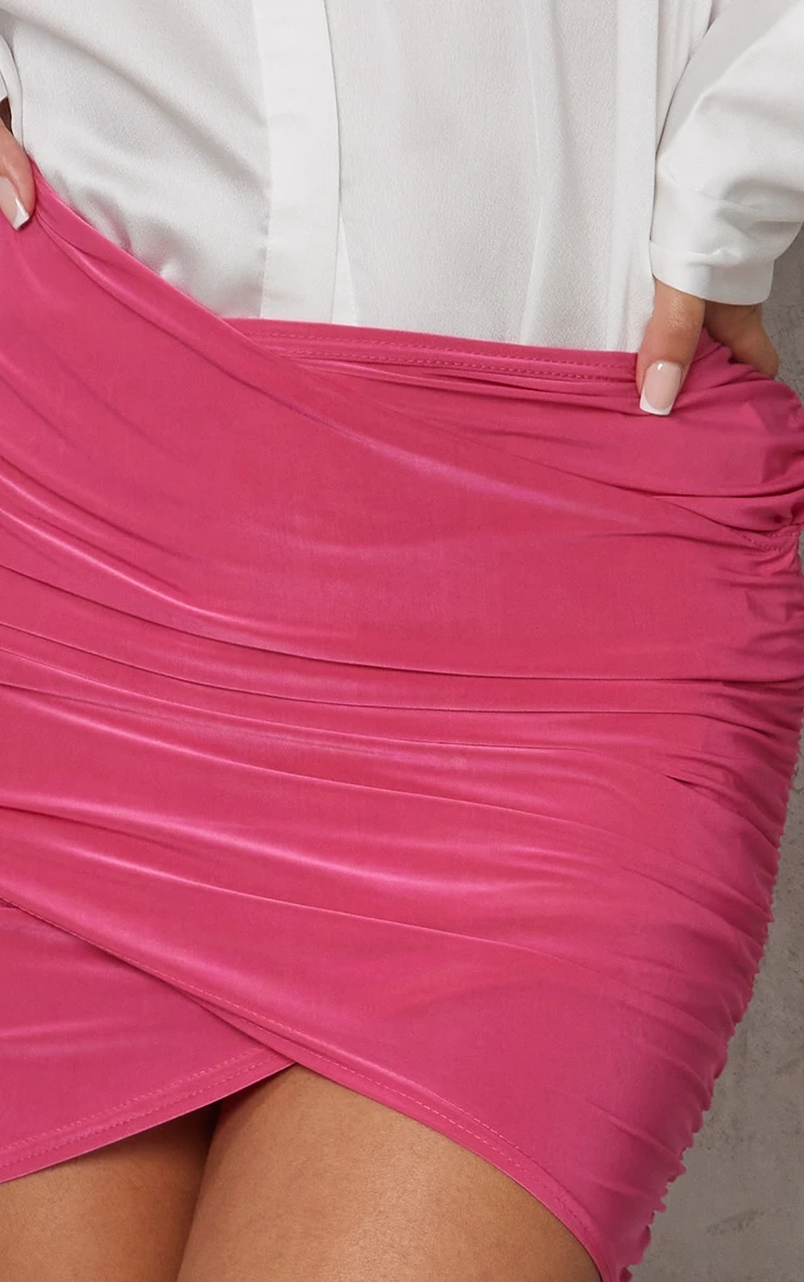 Bright Pink Slinky Ruched Wrap Over Mini Skirt 5 Bright Pink Slinky Ruched Wrap Over Mini Skirt - Image 5