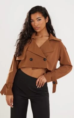 Camel Cropped Woven Trench Coat
