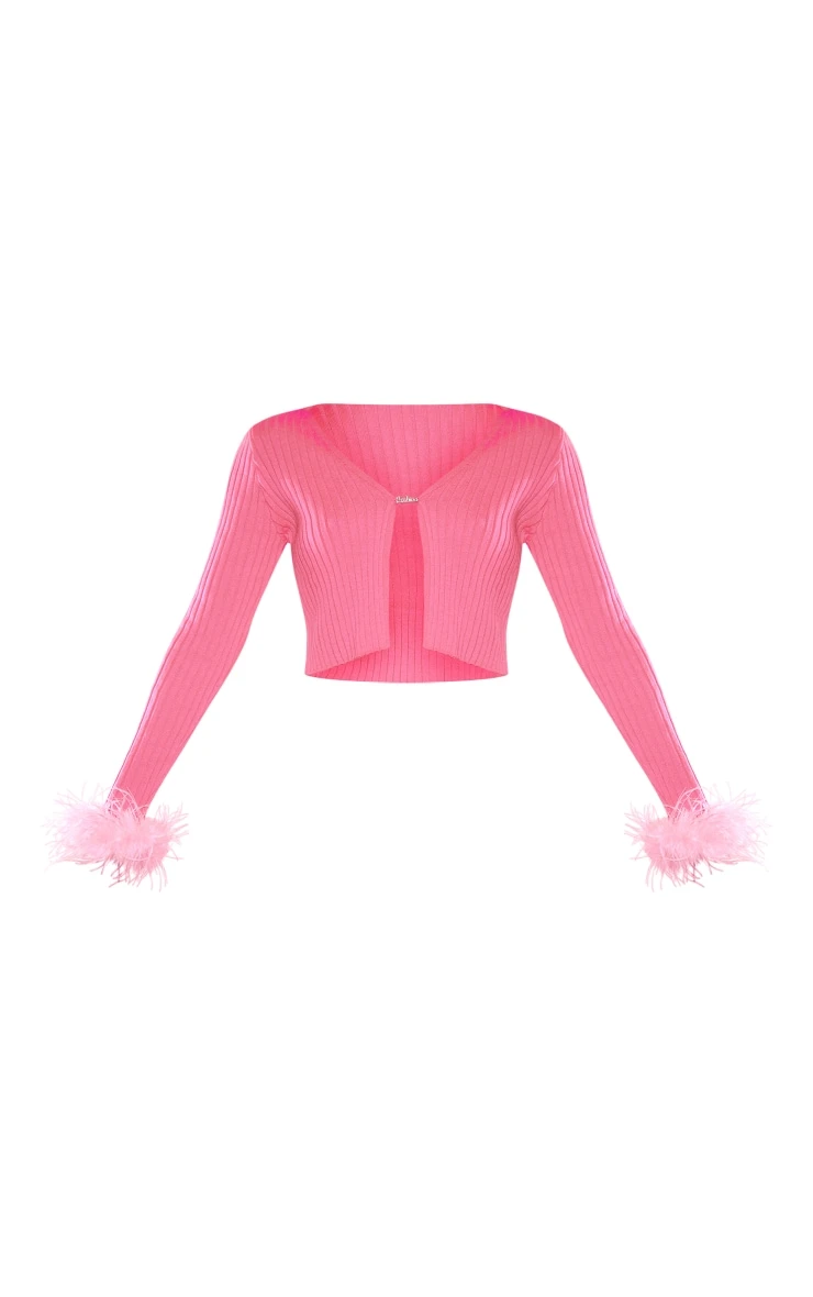 Pink Faux Feather Cuff Detail Knitted Cardigan 5 Pink Faux Feather Cuff Detail Knitted Cardigan - Image 5