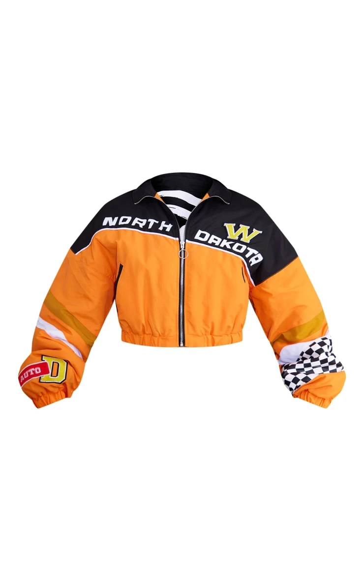 Orange Cropped Oversized Slogan Zipped Racer Bomber Jacket 5 Orange Cropped Oversized Slogan Zipped Racer Bomber Jacket - Image 5
