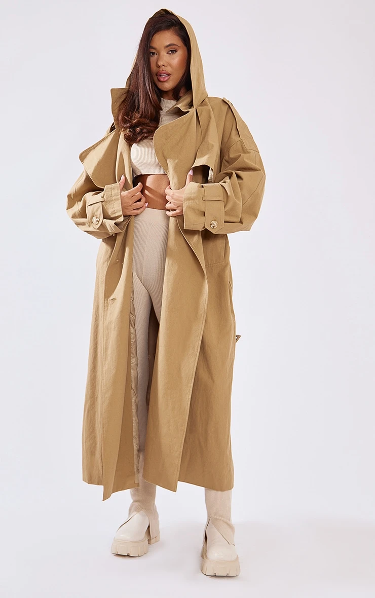 Warm Beige Woven Hooded Oversized Trench Coat 6 Warm Beige Woven Hooded Oversized Trench Coat - Image 6