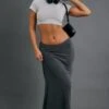 Charcoal Grey Crinkle Rib Curved Waist Maxi Skirt