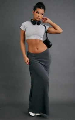 Charcoal Grey Crinkle Rib Curved Waist Maxi Skirt