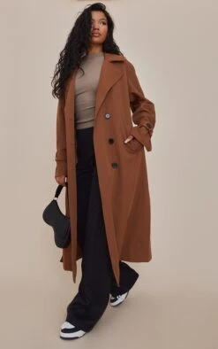 Camel Belted Military Trim Trench Coat