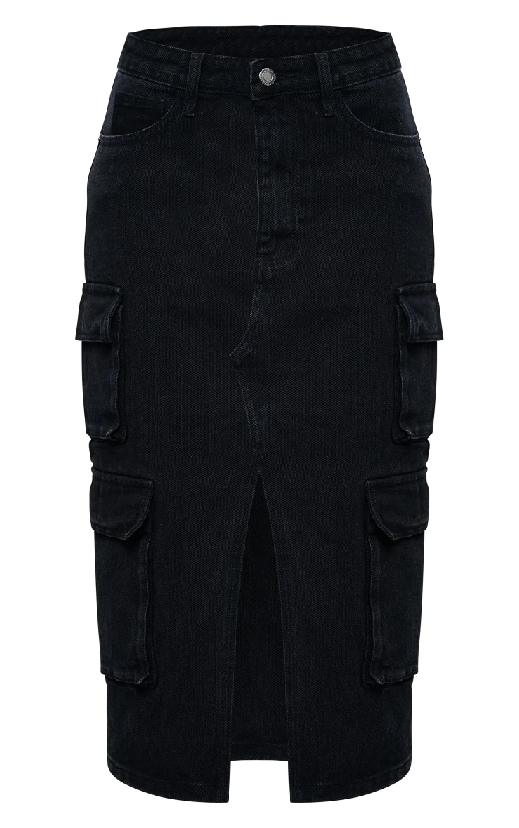 Washed Black Cargo Pocket Front Split Denim Midi Skirt 5 Washed Black Cargo Pocket Front Split Denim Midi Skirt - Image 5