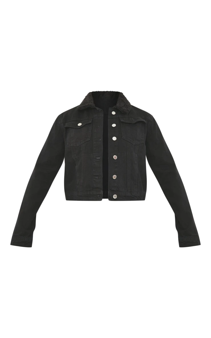 Black Cropped Borg Collar Denim Jacket 5 Black Cropped Borg Collar Denim Jacket - Image 5