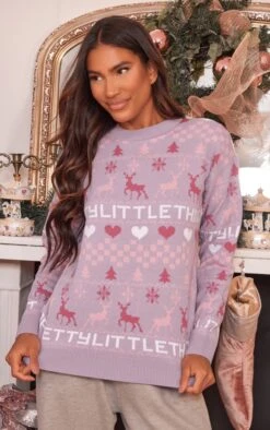 PRETTYLITTLETHING Lilac Fairisle Oversized Christmas Jumper