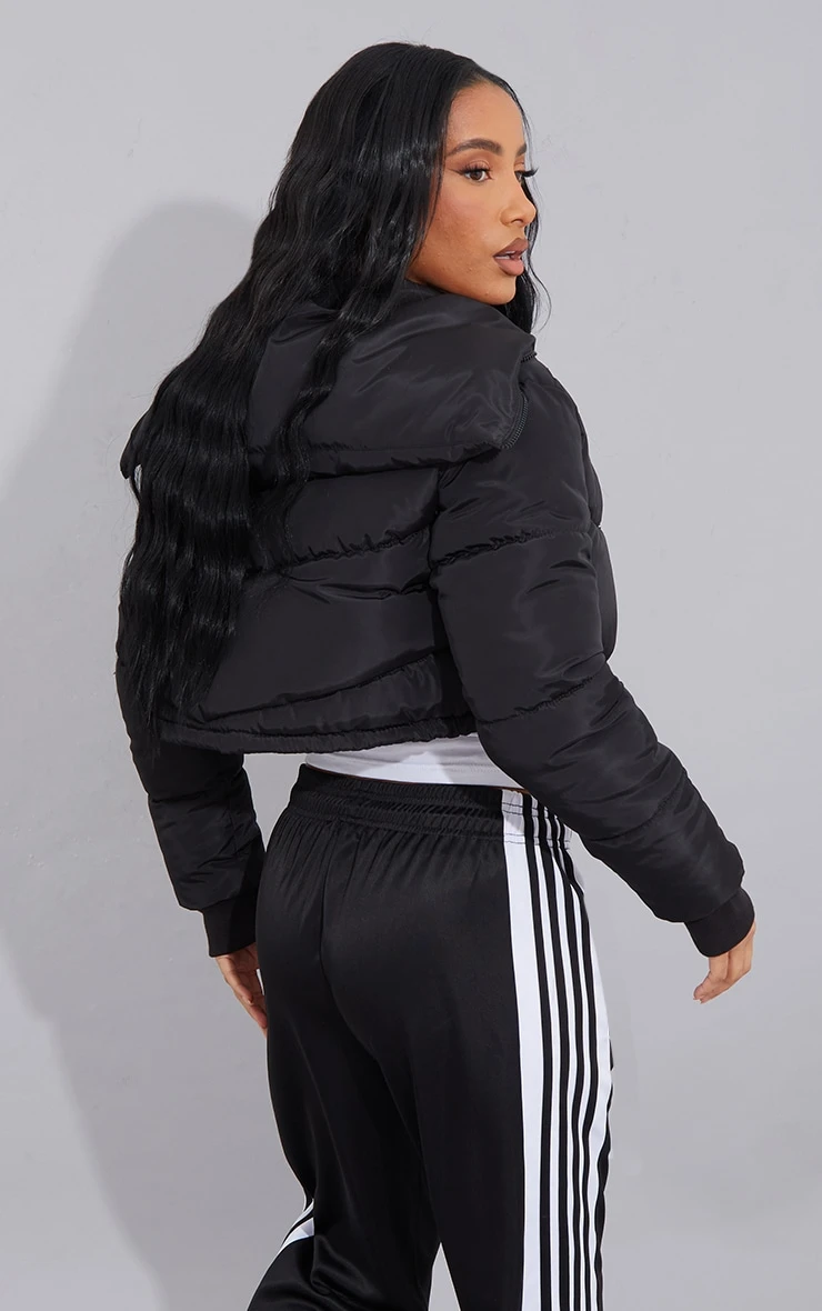 Black Oversized Collar Slogan Front Puffer Jacket 2 Black Oversized Collar Slogan Front Puffer Jacket - Image 2