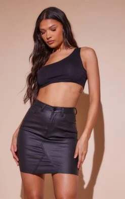 Black Coated Denim Extreme Mini Skirt