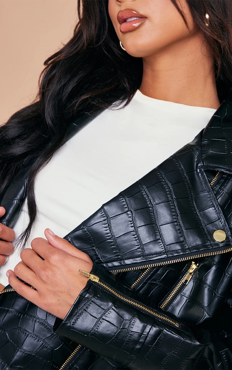 Black Croc Faux Leather Oversized Biker Jacket 4 Black Croc Faux Leather Oversized Biker Jacket - Image 4
