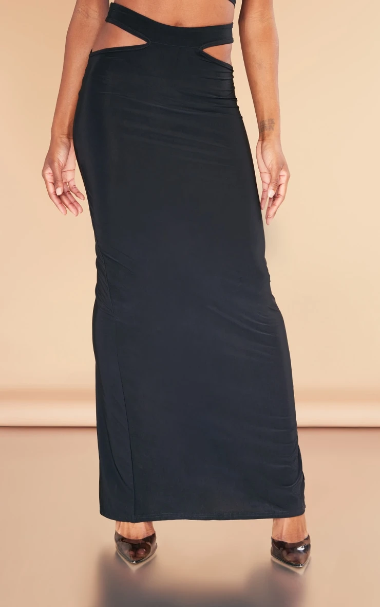 Black Slinky Cut Out Waist Maxi Skirt 2 Black Slinky Cut Out Waist Maxi Skirt - Image 2