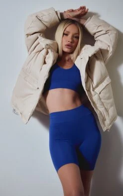 Cream Pocket Front Faux Leather Oversized Puffer